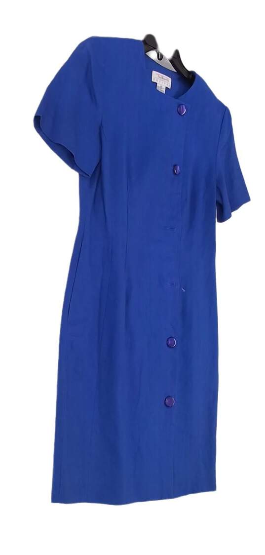 Womens Blue Round Neck Short Sleeve Button Front Sheath Dress Size 8P image number 2