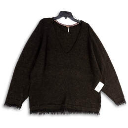 NWT Womens Brown Knitted Fringe Long Sleeve V-Neck Pullover Sweater Size L