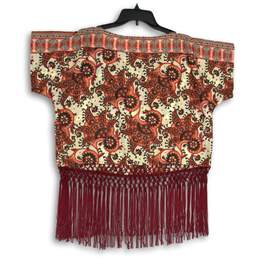 NWT Womens Red Paisley Fringe Boat Neck Short Sleeve Cropped Blouse Top Size L alternative image