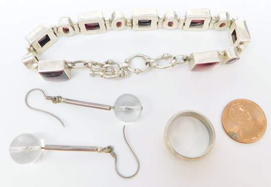 925 Clear Quartz Drop Earrings Garnet & Dyed Abalone Bracelet & Band Ring 37.9g image number 6