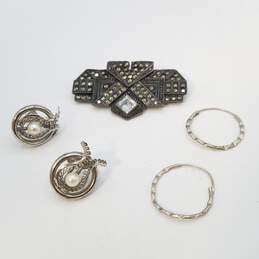 Sterling Silver Marcasite Crystal F.W. Pearl Earring Brooch 3 Pcs Jewelry Bundle 15.7g