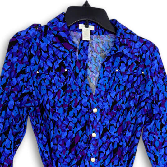 Womens Blue Purple Abstract Long Sleeve Spread Collar Shirt Dress Size M image number 3