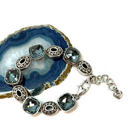 Designer Brighton Silver-Tone Blue Crystal Stone Engraved Chain Bracelet