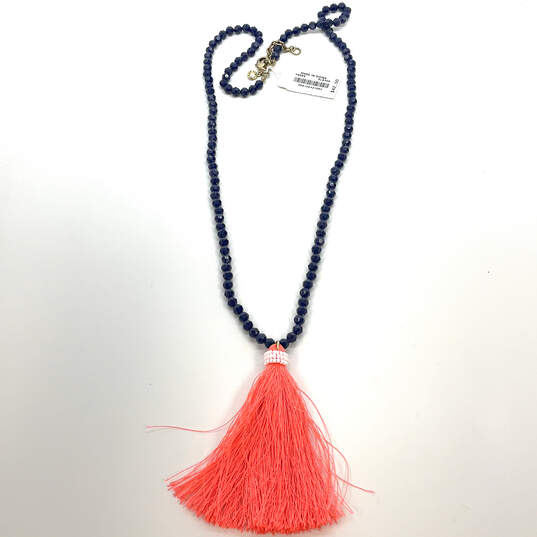 Designer J.Crew Gold-Tone Blue Beads Orange Lobster Clasp Tassel Necklace image number 2