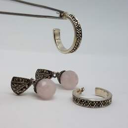Sterling Silver Faceted Rose Quartz Marcasite Post Earring Jewelry Bundle 2pcs 12.5g