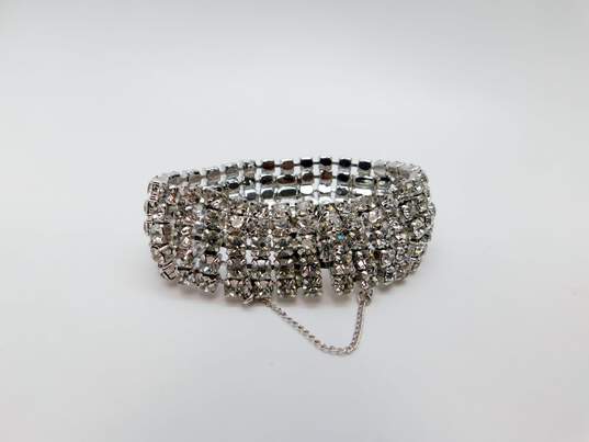 Vintage Icy Rhinestone Statement Bracelet Brooch & Clip On Earrings 89.9g image number 4