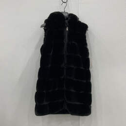 NWT Womens Black Faux Fur Sleeveless Hooded Full-Zip Puffer Vest Size L