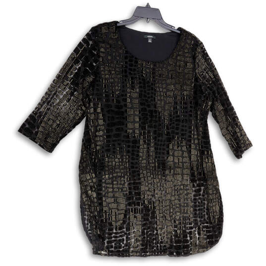 Womens Black Gold Round Neck 3/4 Sleeve Pullover Tunic Blouse Top Size 2X image number 1