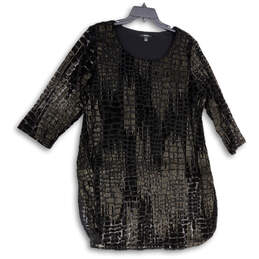 Womens Black Gold Round Neck 3/4 Sleeve Pullover Tunic Blouse Top Size 2X