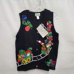 NWT VT Quacker Factory WM's Christmas Holiday Embroidered Black Knit Vest Size M