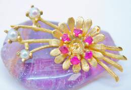 Vintage 14K Yellow Gold Ornate Ruby & Pearl Floral Brooch 6.0g