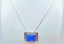 Signed D Wayne 1998 925 Modernist Blue Dichroic Art Glass Tiered Rectangle Pendant Long Snake Chain Necklace 30.4g
