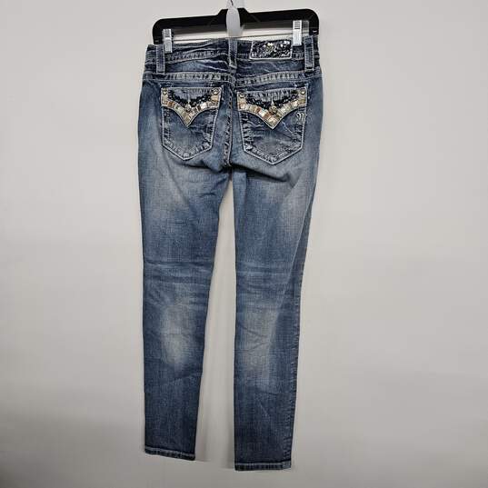 Denim Blue Distressed Mid Rise Skinny Embellished Jeans image number 2