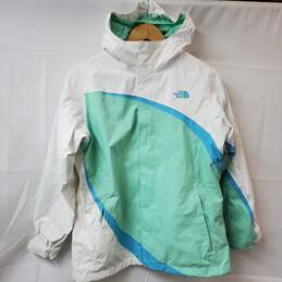 The North Face HyVent White/Blue/Green Hooded Girl's Youth Jacket XL