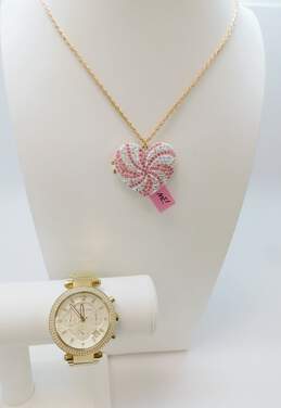 Michael Kors MK-5354 Icy CZ Bezel Chronograph Watch & Betsey Johnson Heart Pendant Necklace 162.1g