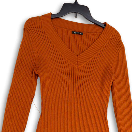 Womens Orange Ribbed V-Neck Long Sleeve Pullover Sweater Dress Size S image number 3