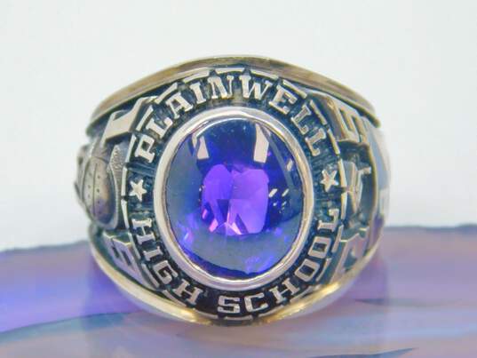 Vintage 10K White Gold Purple Sapphire Cabochon & Blue & White Enamel Class Ring 16.4g image number 1