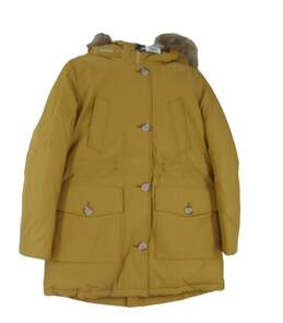 NWT Womens Yellow Fur Trim Hooded Arctic Parka Jacket Size Large