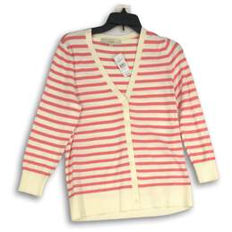 NWT Loft Womens Pink White Striped Button Front Cardigan Sweater Size M