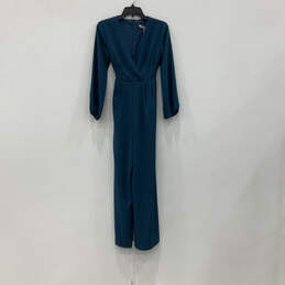NWT Womens Blue Long Sleeve V-Neck Back Zip One-Piece Jumpsuit Size 00P alternative image