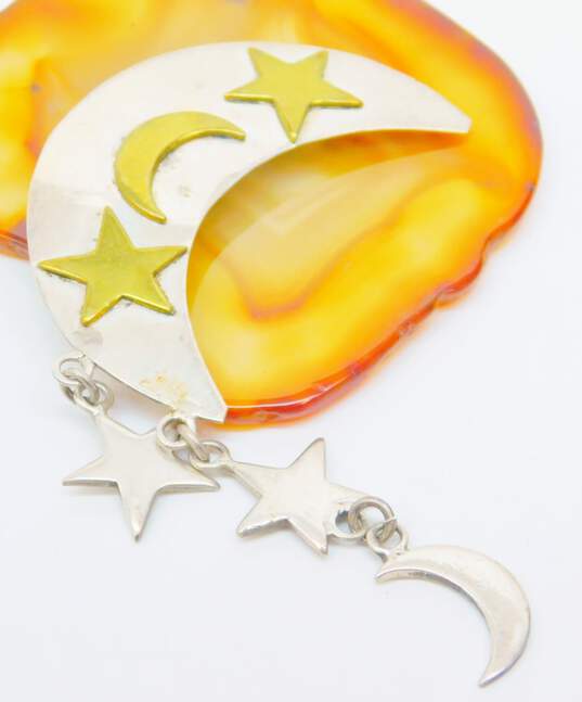 Taxco Sterling Silver & Brass Celestial Moon & Stars Brooch & Chunky Ring 22.0g image number 2