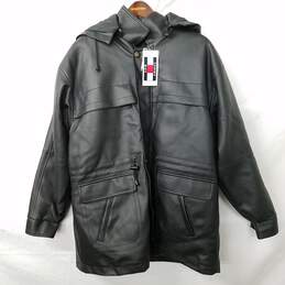 Black Faux Leather Hooded Rain Jacket Sz S