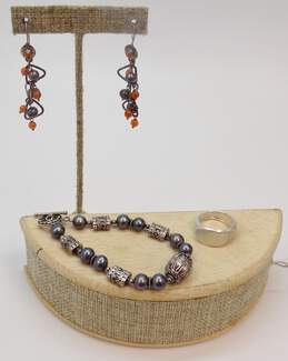 Artisan Sterling Silver Granulated Bead & Blue Pearl Toggle Bracelet Hammered Carnelian Pearl Drop Earrings & Floral Ring 38.1g