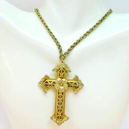 VTG Whiting & Davis Goldtone Flower Intricate Cross Pendant Chain Necklace alternative image