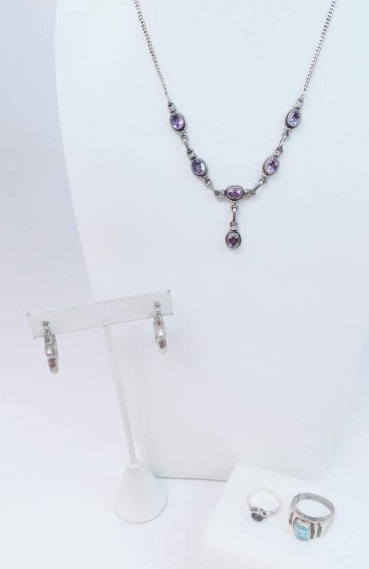 Artisan 925 Sterling Silver Star Hoop Earrings Amethyst Pendant Necklace & Blue Topaz & Labradorite Rings 30.6g image number 1