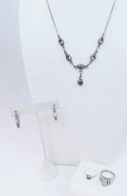 Artisan 925 Sterling Silver Star Hoop Earrings Amethyst Pendant Necklace & Blue Topaz & Labradorite Rings 30.6g
