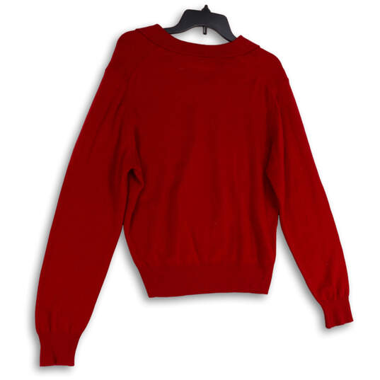 Womens Red Knitted Long Sleeve Spread Collar Pullover Sweater Size XL image number 2