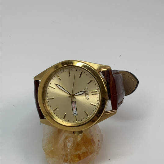 Designer Citizen Gold-Tone Brown Leather Strap Round Dial Analog Wristwatch image number 1
