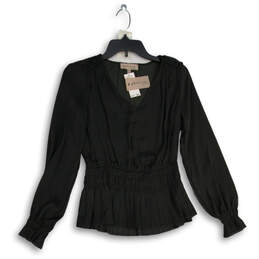 Womens Black Long Sleeve V-Neck Pullover Peplum Blouse Top Size XS