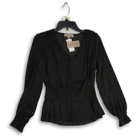 Womens Black Long Sleeve V-Neck Pullover Peplum Blouse Top Size XS image number 1