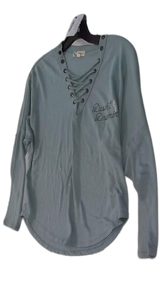 Girls Womens Gray Long Sleeve Curved Hem Casual Pullover T Shirt Size S image number 2