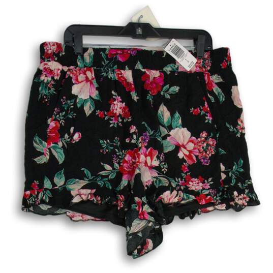 NWT Torrid Womens Black Pink Floral Ruffle Hem Hot Pants Shorts Size 0 L -12 image number 1