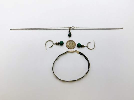 Ethereal 925 Sterling Silver & Faux Malachite Demi Hoop Earrings Dragon Pendant Necklace & Herringbone Chain Bracelet 12.9g image number 6