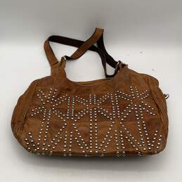 Ameri Womens Spirit Tan Leather Studded Double Handle Zipper Tote Bag Purse