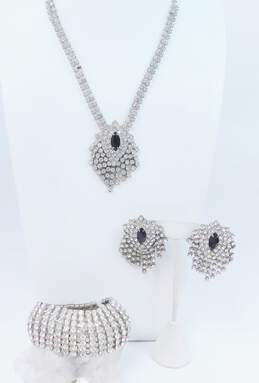 Vintage Silvertone Icy Black & Clear Rhinestones Tassel Pendant Necklace Matching Post Earrings Set & Wide Chain Bracelet 115.9g