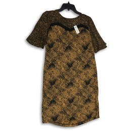 NWT Womens Brown Black Round Neck Short Sleeve Back Zip Shift Dress Size 0