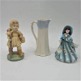 Vntg Home Decor Hummel Style Figurine Victorian Lady Planter Lefton &  Pitcher Vase w/ White Flowers