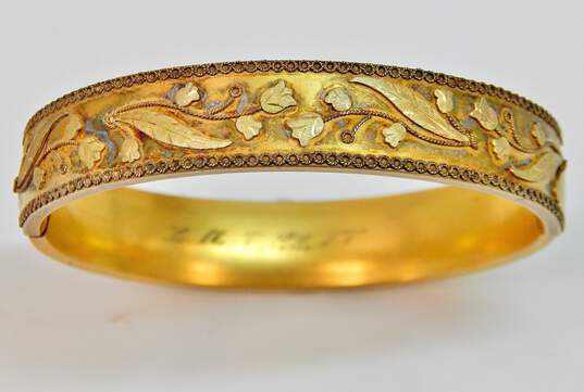 Antique Art Nouveau PRST Co. Gold Filled Floral Hinged Bangle Bracelet 20.5g image number 1
