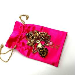 Designer Betsey Johnson Gold-Tone Leopard Heart Beads Charm Bracelet