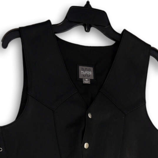 Mens Black Leather V-Neck Side Lace Snap Front Motorcycle Vest Size Medium image number 3