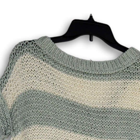 Womens White Green Knitted Striped V-Neck 3/4 Sleeve Pullover Sweater Sz XS image number 2