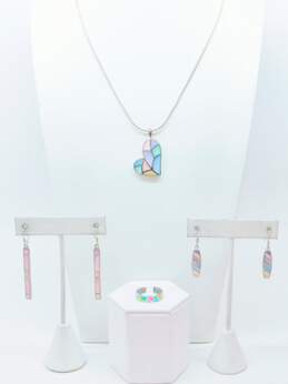 Romantic 925 Pastel Colorful Mother of Pearl Heart Pendant Necklace Shell Bar Drop Earrings & Enamel Mosaic Ring 27.2g