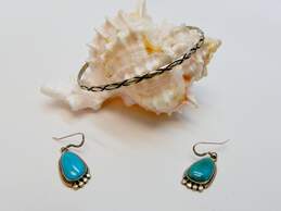 Southwestern 925 Turquoise Drop Earrings & Stamped Bangle Bracelet 10.0g