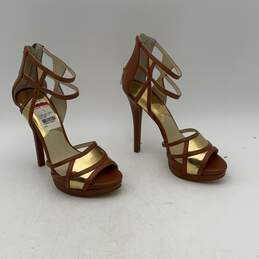 Michael Kors Womens Jaida Brown Gold High Stiletto Heels Strappy Sandals Size 7