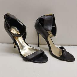 BEBE Gold Ankle Plate Black Leather Pump Heels Shoes Size 10 B