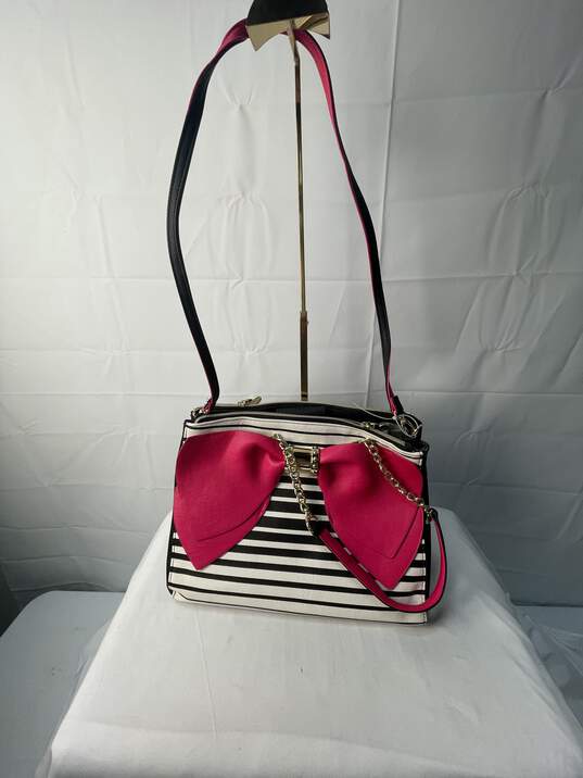 Betsey Johnson Black and White Stripes w/Hot Pink Trim Satchel Bag image number 2